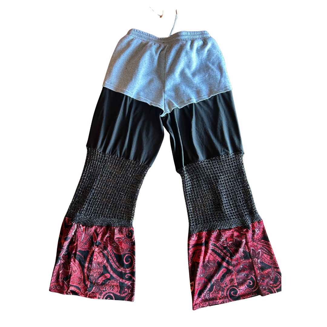 Upcycled Cherry Flare Pants – Reworked from Sweatshorts + Mixed Fabrics | One-of-a-Kind | Handmade in Arizona