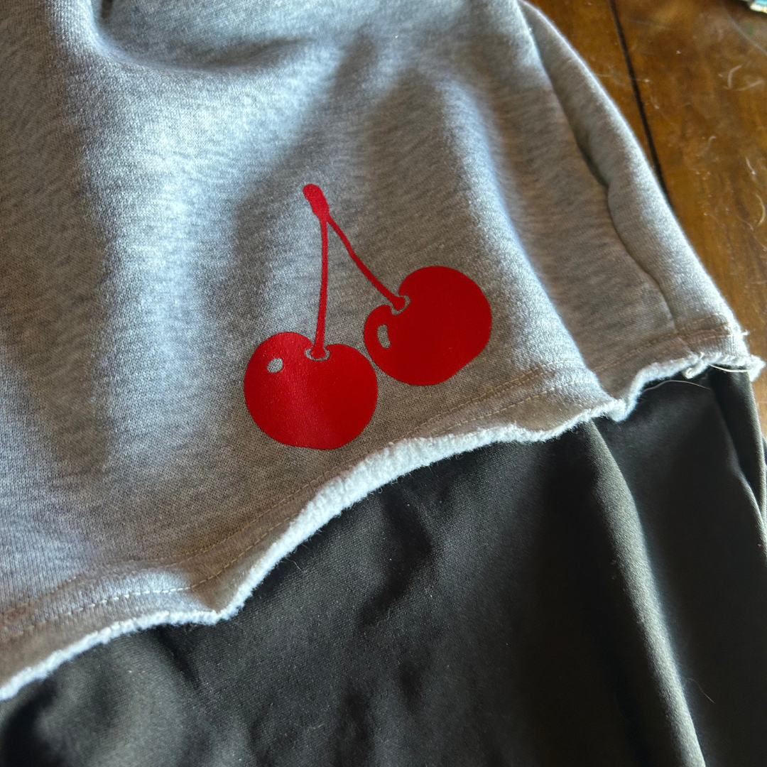 Upcycled Cherry Flare Pants – Reworked from Sweatshorts + Mixed Fabrics | One-of-a-Kind | Handmade in Arizona