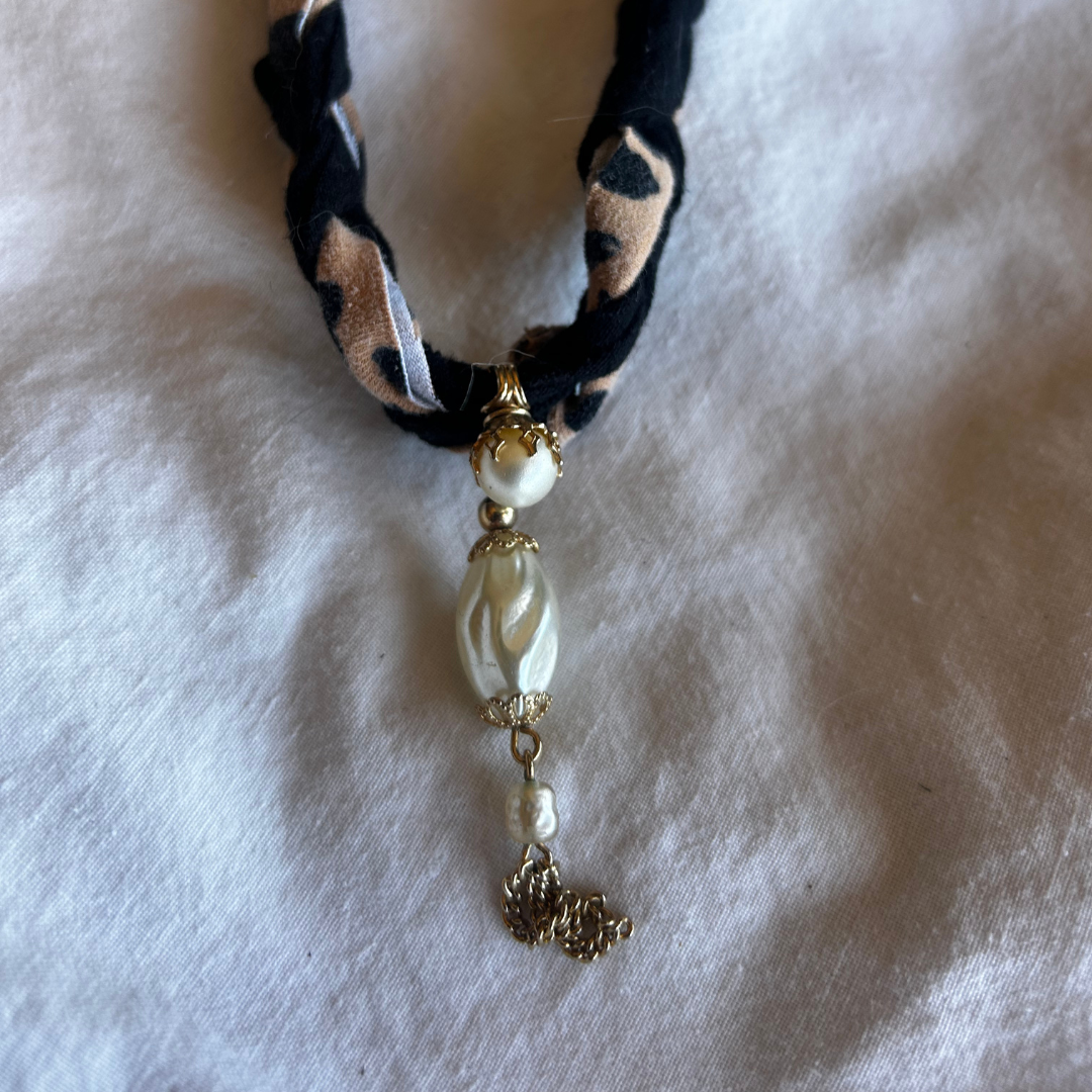 Twisted Leopard Charm Necklace – Handmade from Scrap Fabric & Vintage Jewelry