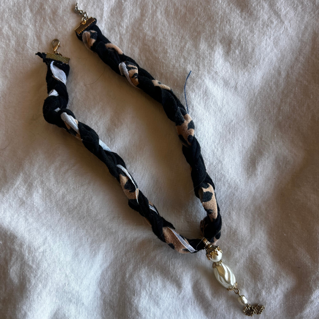 Twisted Leopard Charm Necklace – Handmade from Scrap Fabric & Vintage Jewelry