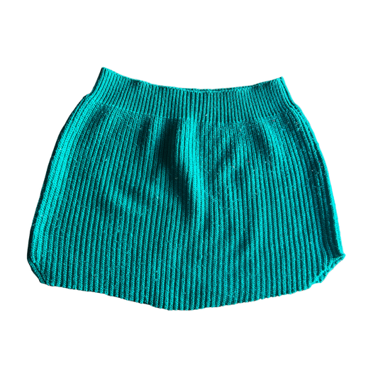 Teal ribbed knit skirt on a white background