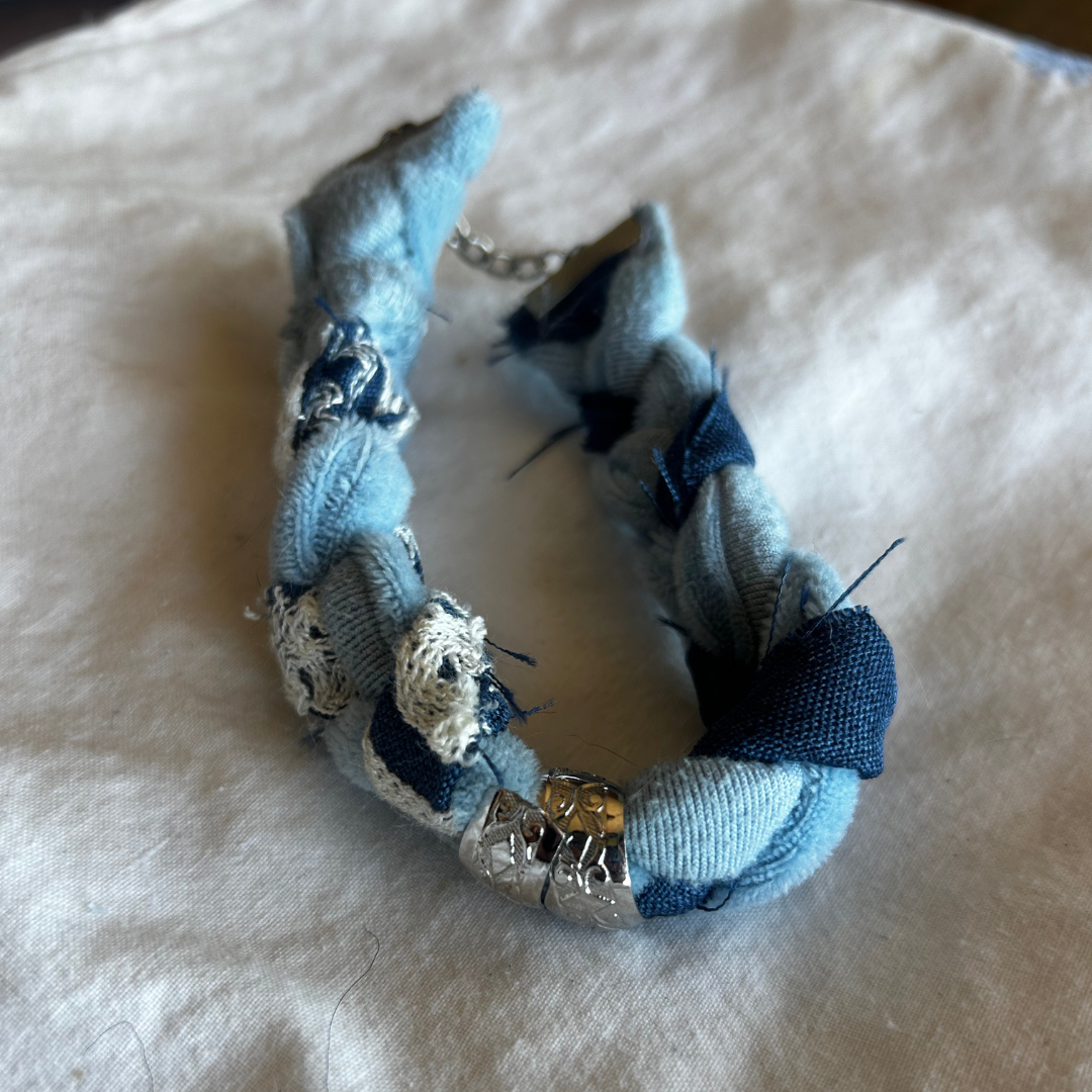 Frayed Denim Charm Bracelet – Handmade from Scrap Fabric & Vintage Jewelry