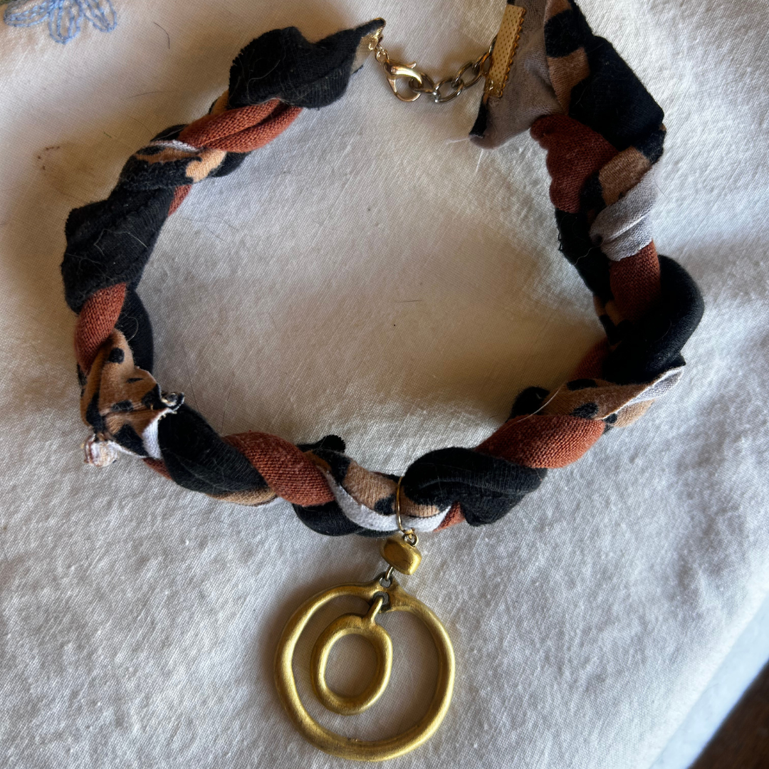 Bronze Orbit Braid Bracelet – Handmade from Scrap Fabric & Repurposed Jewelry