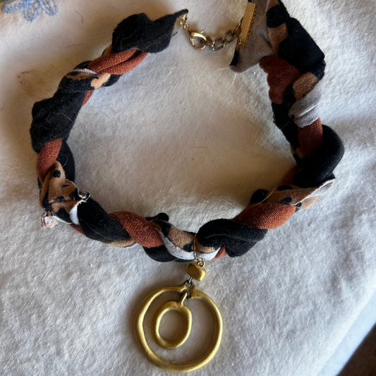 Bronze Orbit Braid Bracelet – Handmade from Scrap Fabric & Repurposed Jewelry