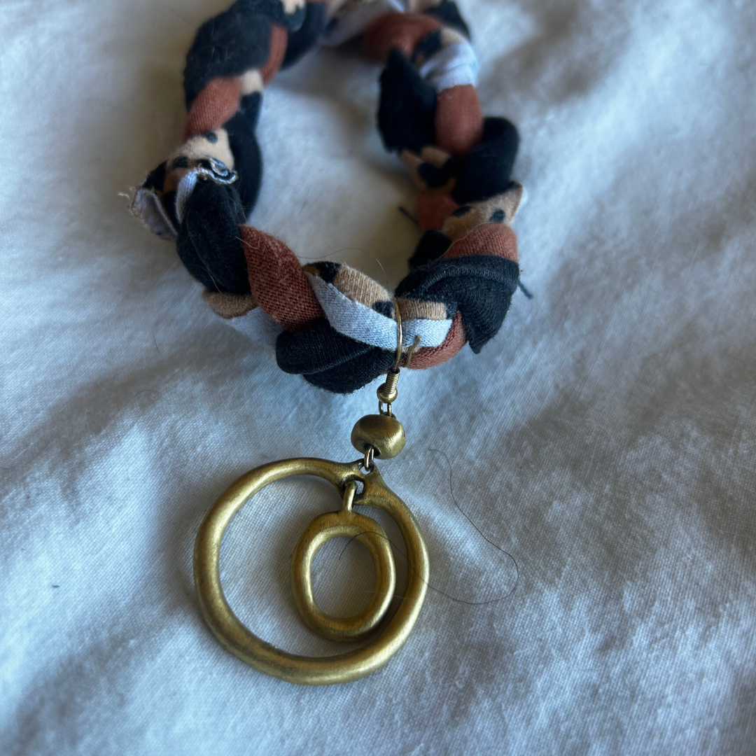 Bronze Orbit Braid Bracelet – Handmade from Scrap Fabric & Repurposed Jewelry