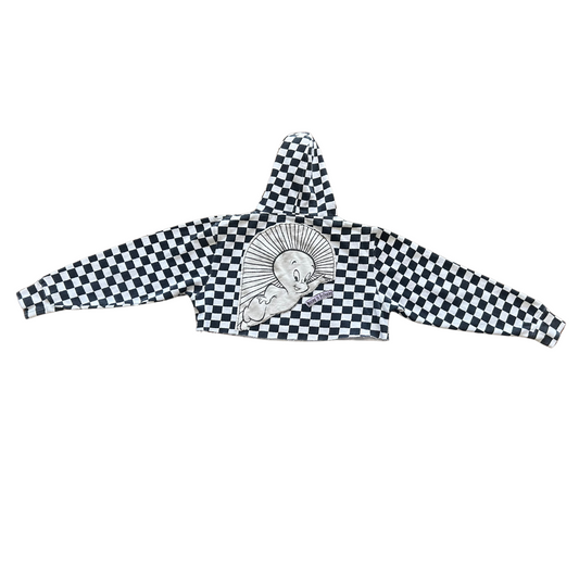 Black and white checkered jacket with a central design on a white background