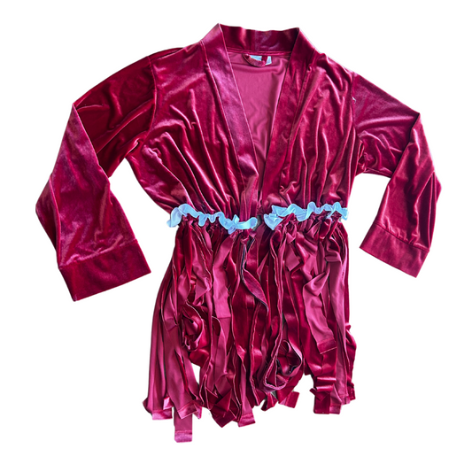 Red satin robe with lace trim on a white background
