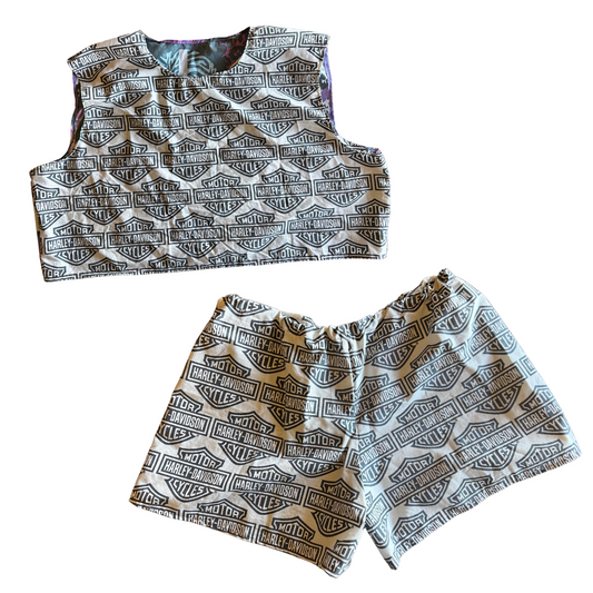 Harley Davidson-themed crop top and shorts set on a white background