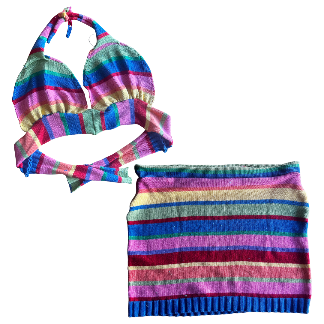 Reworked Striped Sweater Set – Upcycled Knit Bikini Top + Mini Skirt | One-of-a-Kind | Handmade in Arizona