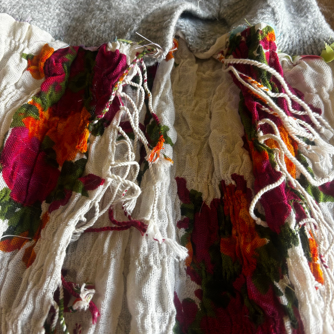 π Reworked Knit + Scarf Skirt β Upcycled Sweater Bottom & Textured Fringe Fabric | One-of-a-Kind | Handmade in Arizona