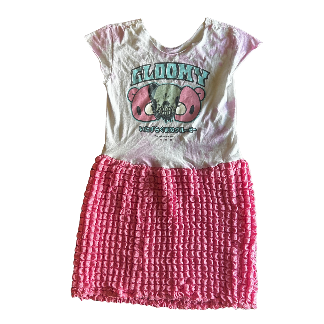 π Reworked Gloomy Bear Dress β Upcycled Tee + Textured Pants Skirt | One-of-a-Kind | Handmade in Arizona