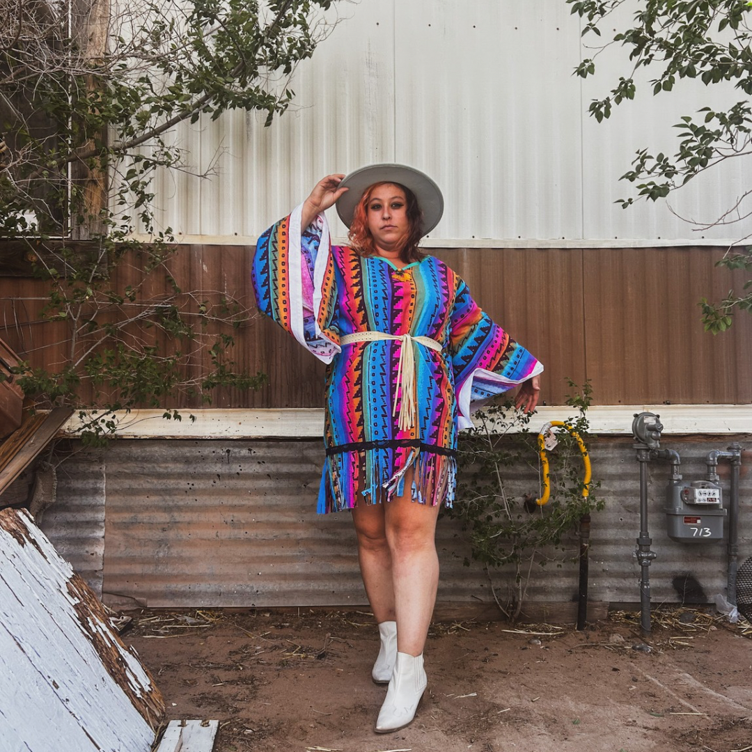 Neon Western Bell Sleeve Mini Dress – Handmade & Upcycled