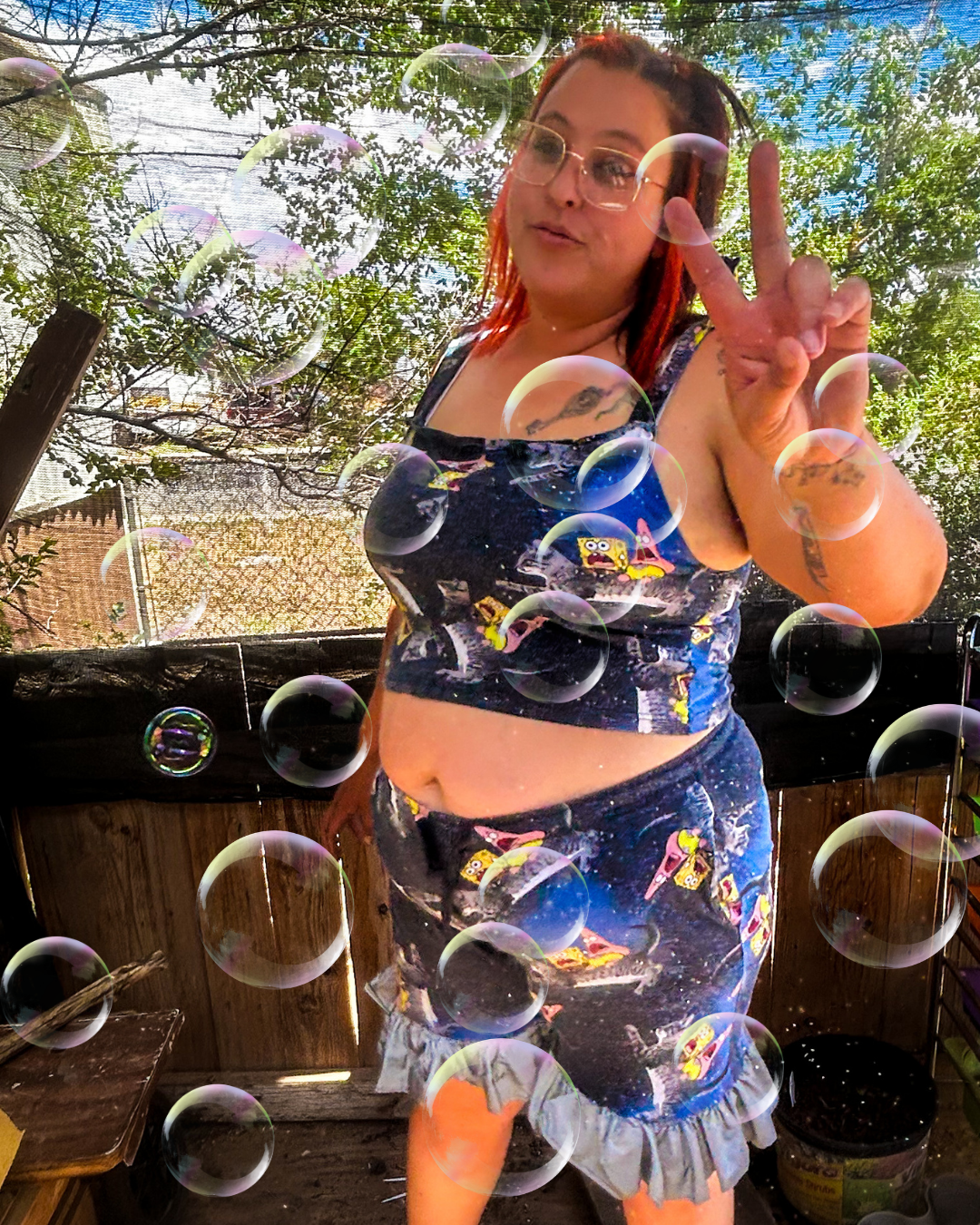 Space Sponge Crop Top & Ruffle Shorts Set – Handmade from Upcycled Pajamas