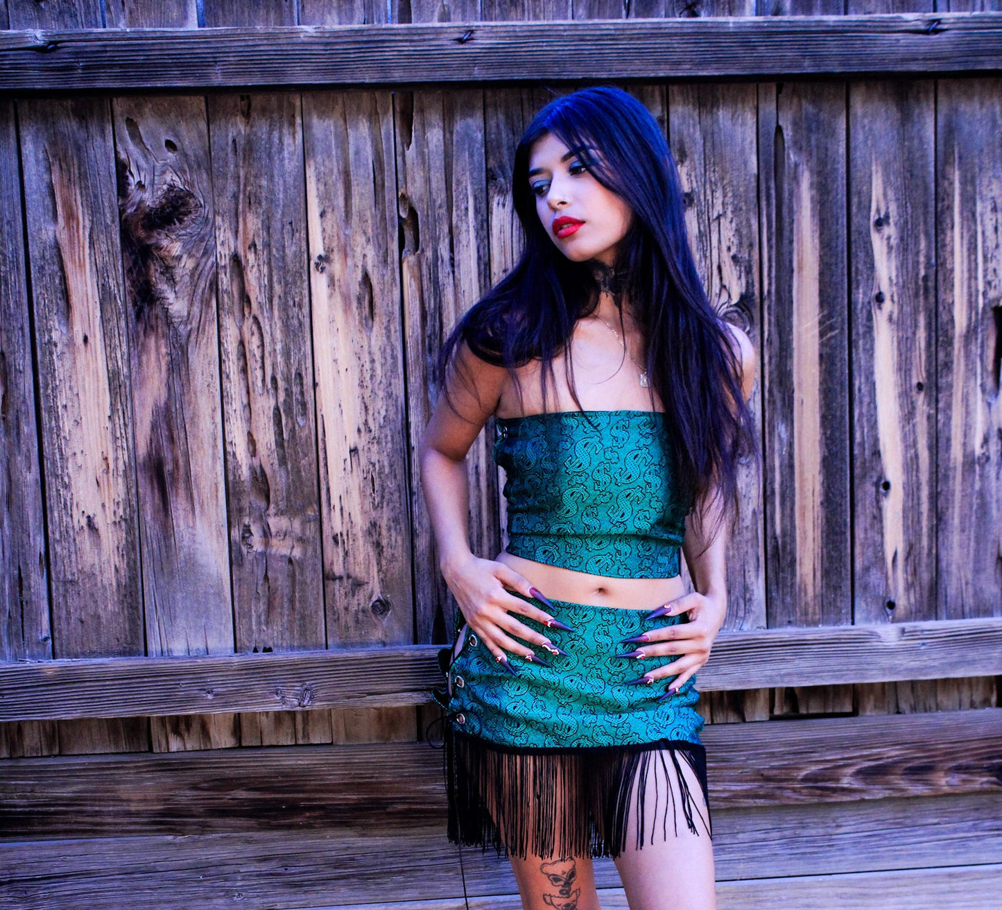 Green Pimp Money 2 - Piece Set – Tube Top & Fringe Mini Skirt - The Modern Alien