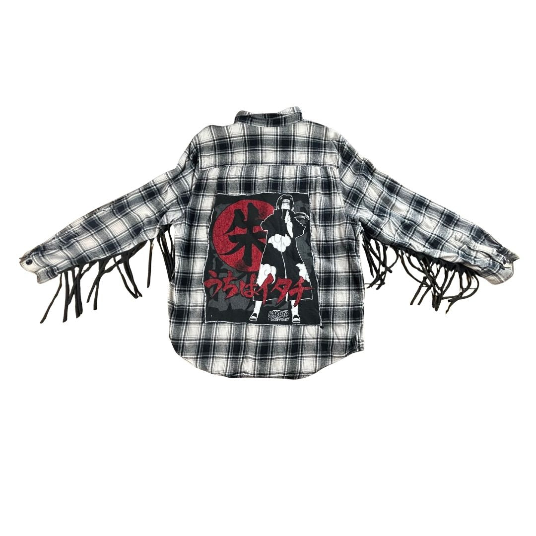 Upcycled Itachi Fringe Flannel — One-of-One Naruto-Inspired Streetwear