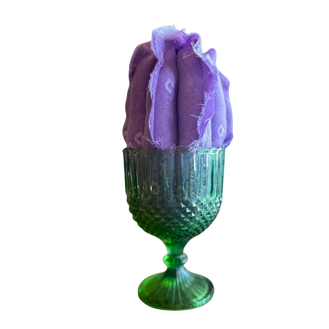 Handmade Fabric Cactus in Vintage Glass Cup | Upcycled Boho Decor | One-of-a-Kind