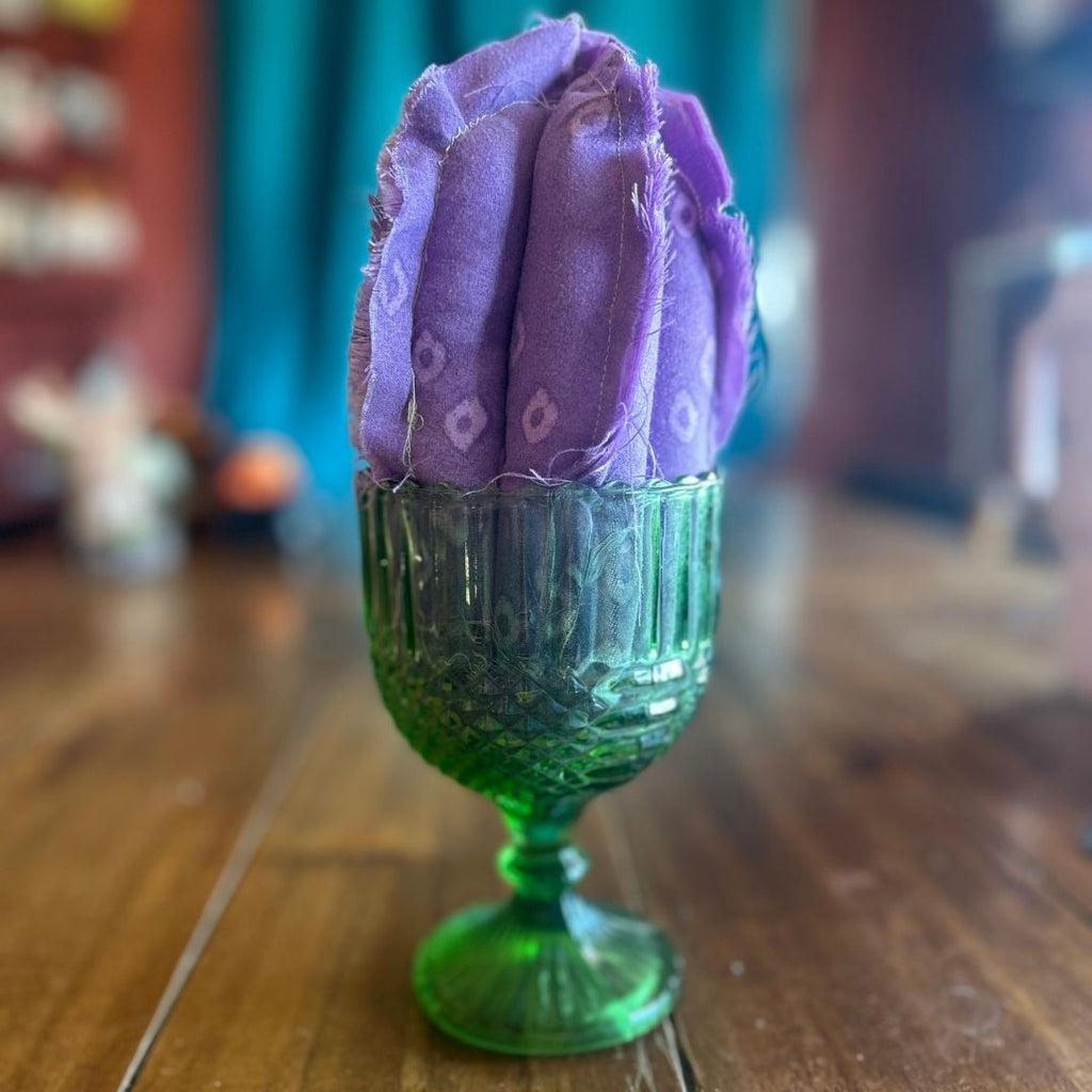 Handmade Fabric Cactus in Vintage Glass Cup | Upcycled Boho Decor | One-of-a-Kind