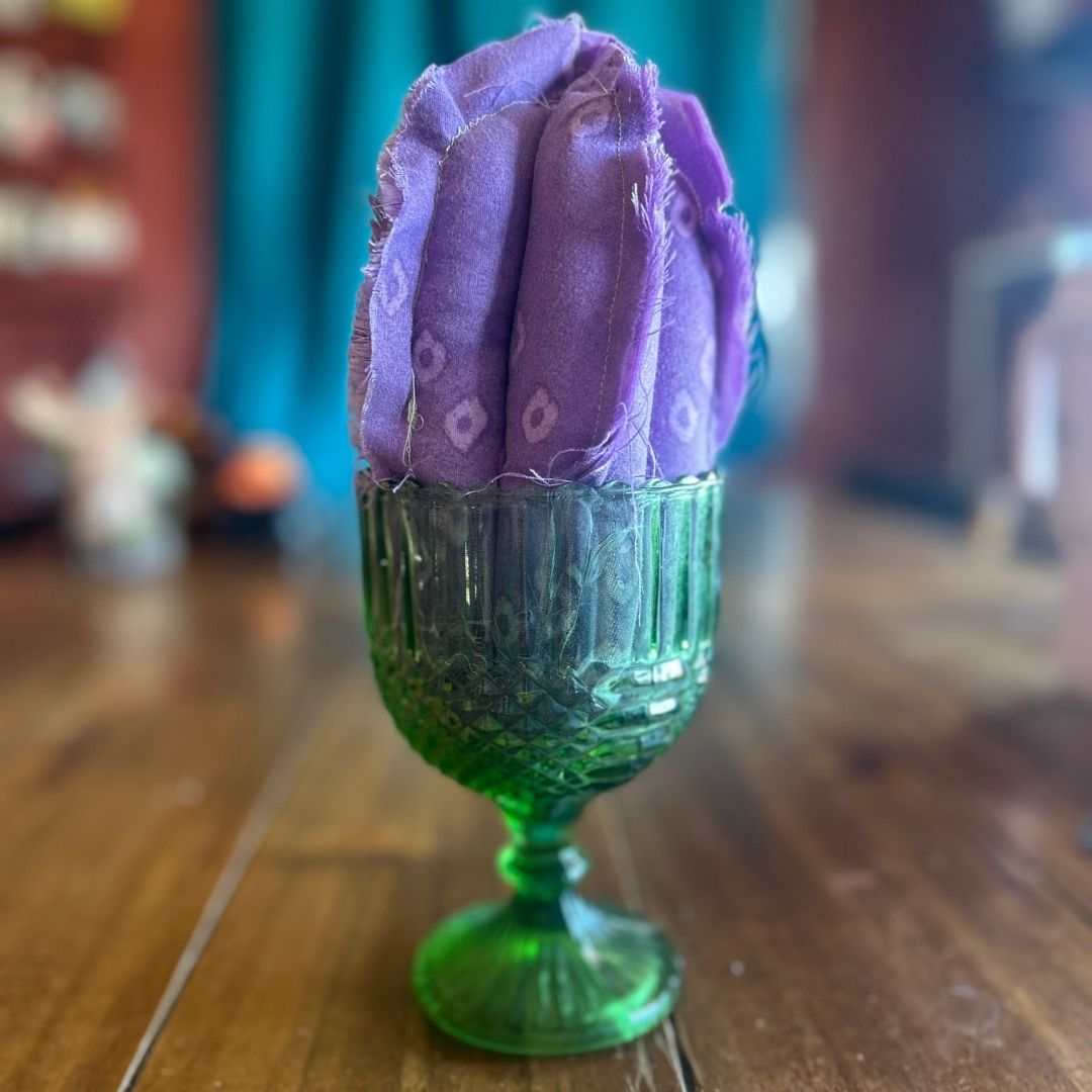 Handmade Fabric Cactus in Vintage Glass Cup | Upcycled Boho Decor | One-of-a-Kind