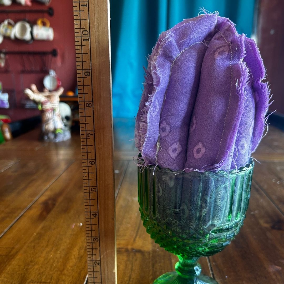 Handmade Fabric Cactus in Vintage Glass Cup | Upcycled Boho Decor | One-of-a-Kind