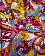 Cosmic Scarf Remix Skirt – One of a Kind Upcycled Statement Piece in vibrant pink, yellow, and blue floral print fabric.
