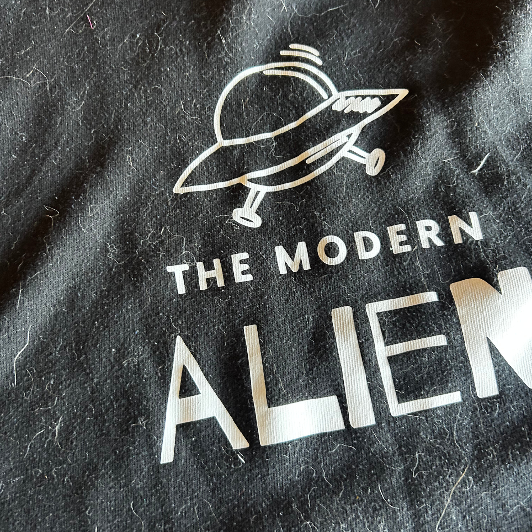 Upcycled Hoodie Dress – The Modern Alien Logo + Patchwork Skirt | One-of-a-Kind | Handmade in Arizona