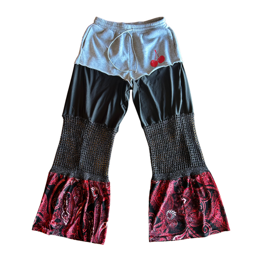 Upcycled Cherry Flare Pants – Reworked from Sweatshorts + Mixed Fabrics | One-of-a-Kind | Handmade in Arizona