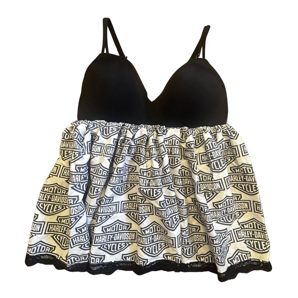 Funky Handmade Babydoll Top – One of a Kind Upcycled Harley Statement Piece