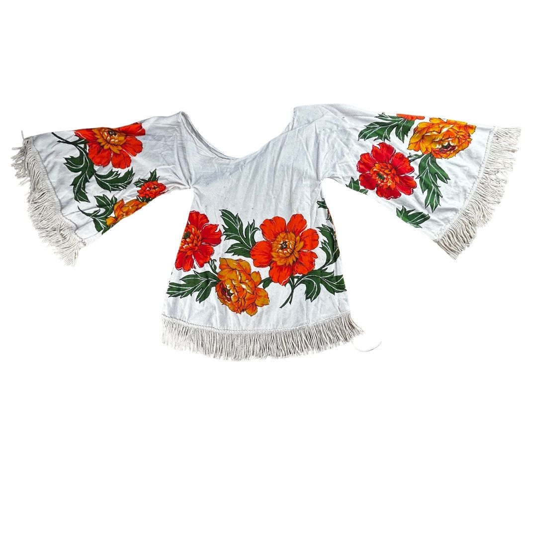 Upcycled Hippie Floral Fringe Top — Handmade from a Vintage Tablecloth