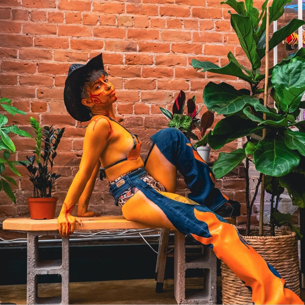 Handmade Upcycled Denim Fire Chaps & Bikini Set – One-of-a-Kind Festival Fit 🔥