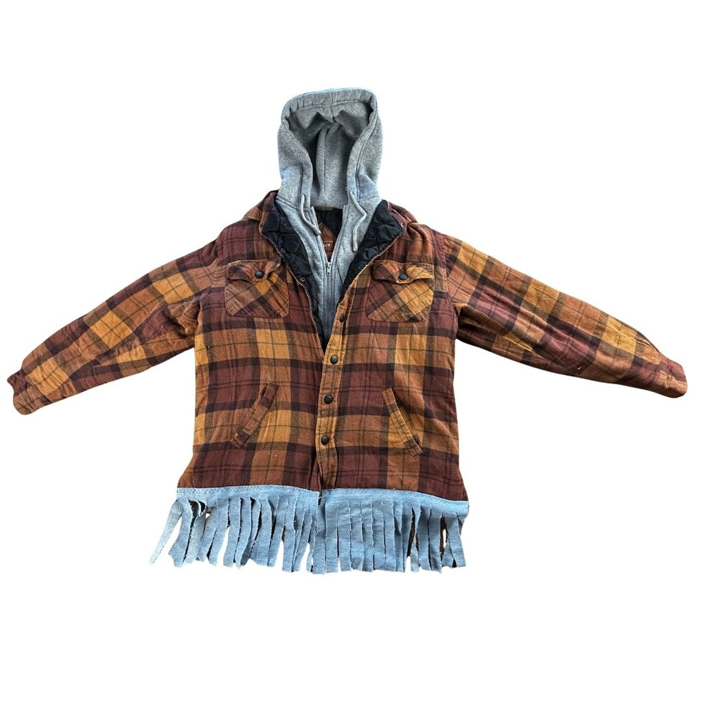 Upcycled Fringe Flannel Jacket — The Cosmic 8-Ball jacket