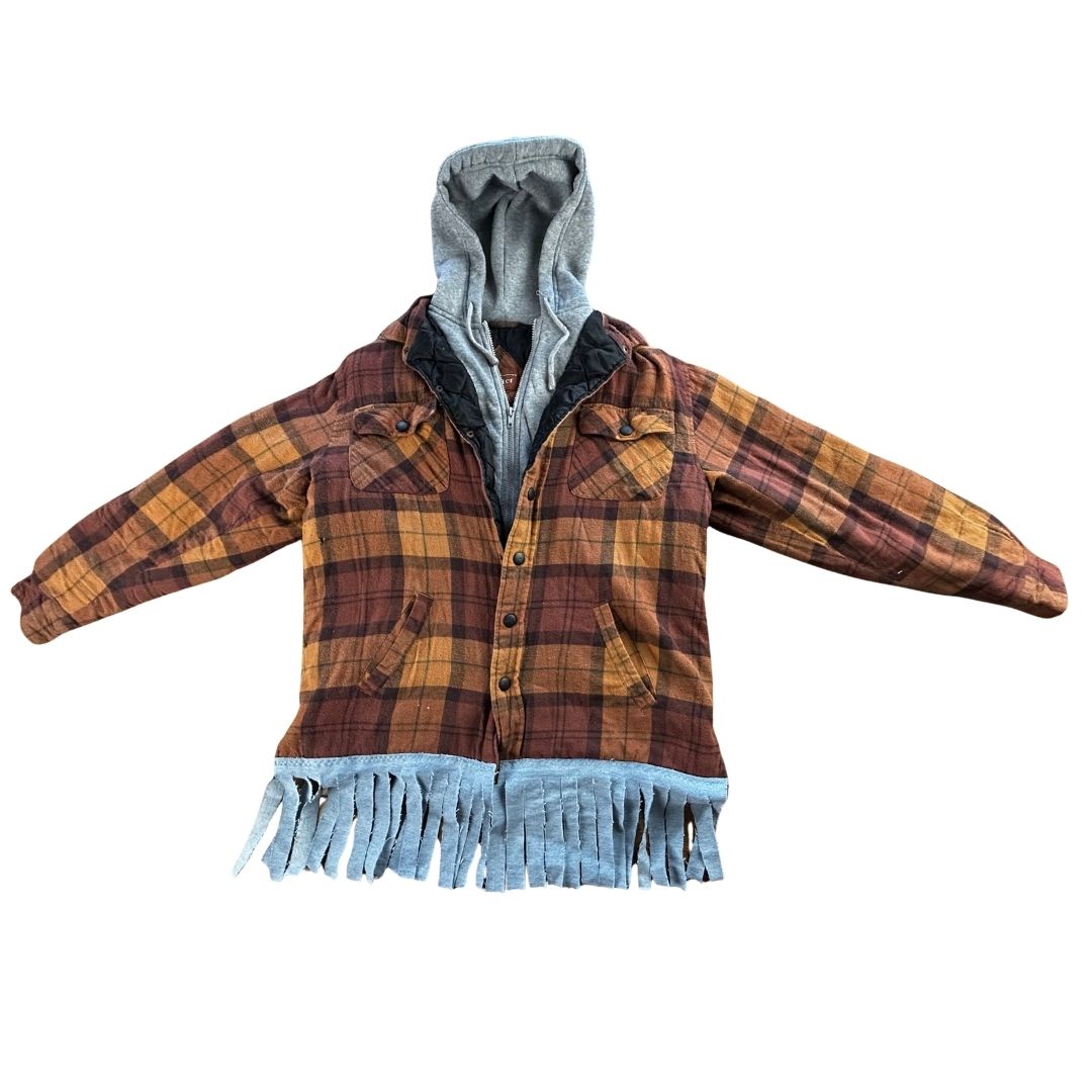 Upcycled Fringe Flannel Jacket — The Cosmic 8-Ball jacket