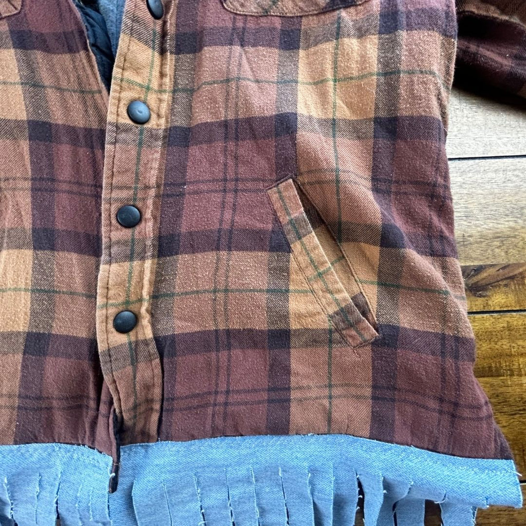 Upcycled Fringe Flannel Jacket — The Cosmic 8-Ball jacket