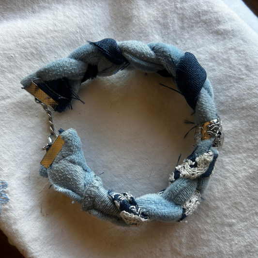 Frayed Denim Charm Bracelet – Handmade from Scrap Fabric & Vintage Jewelry