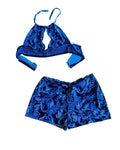 Midnight Tide Two-Piece Set – One of a Kind Handmade Statement Set featuring a blue paisley halter top and matching shorts.
