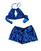 Midnight Tide Two-Piece Set – One of a Kind Handmade Statement Set featuring a blue paisley halter top and matching shorts.