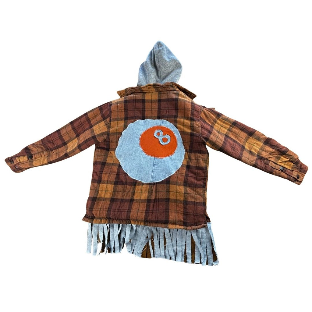 Upcycled Fringe Flannel Jacket — The Cosmic 8-Ball jacket