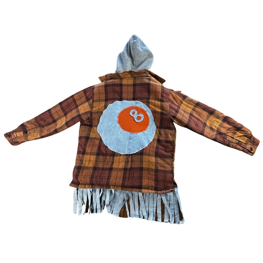 Upcycled Fringe Flannel Jacket — The Cosmic 8-Ball jacket