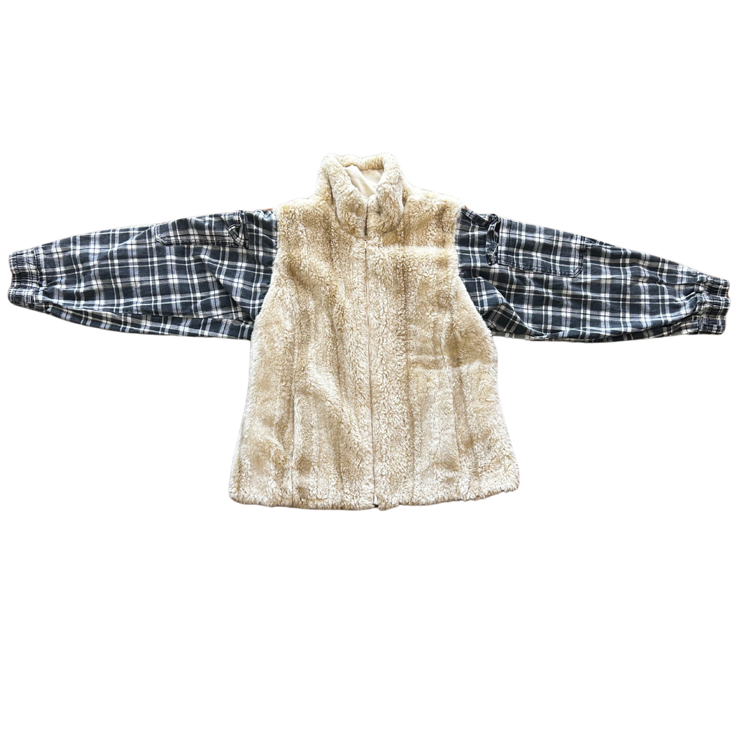 Fuzzy Plaid Hybrid Jacket – Handmade from a Fur Vest & Joggers