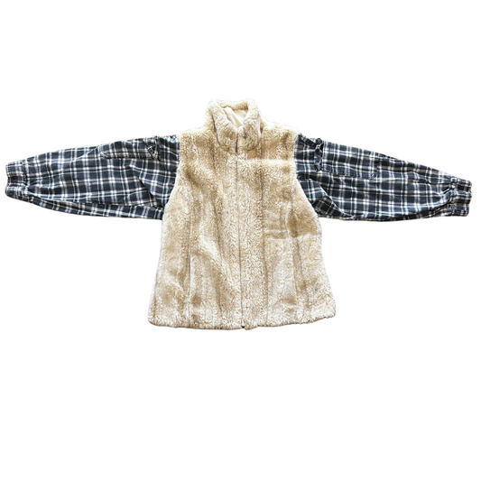 Adult jacket with plaid sleeves and beige body on a white background