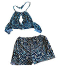 Midnight Mirage Two-Piece Set – One-of-a-Kind Handmade Halter Top & Shorts Set in blue geometric print.