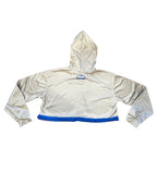 Ultra Remix Hoodie Set – One of a Kind Upcycled Statement Set, unique cropped hoodie in beige with blue trim.