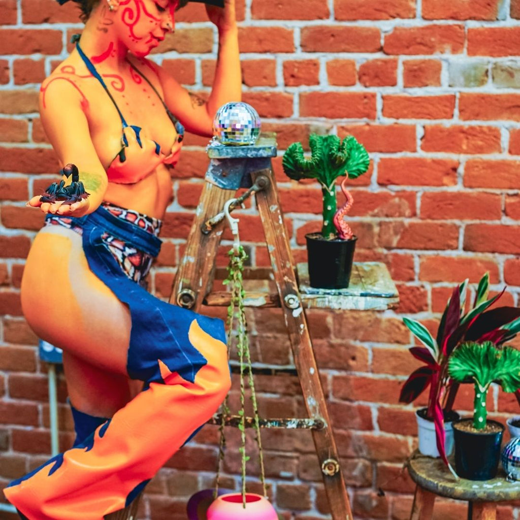 Handmade Upcycled Denim Fire Chaps & Bikini Set – One-of-a-Kind Festival Fit 🔥