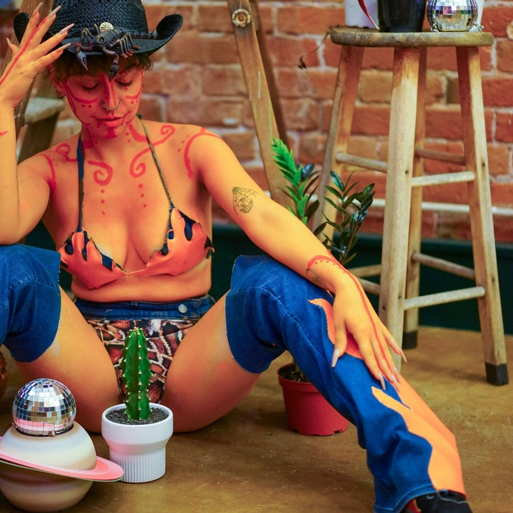 Handmade Upcycled Denim Fire Chaps & Bikini Set – One-of-a-Kind Festival Fit 🔥