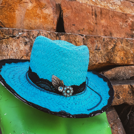 Turquoise Lace-Trimmed Upcycled Hat with Vintage Embellishments – Boho Elegance