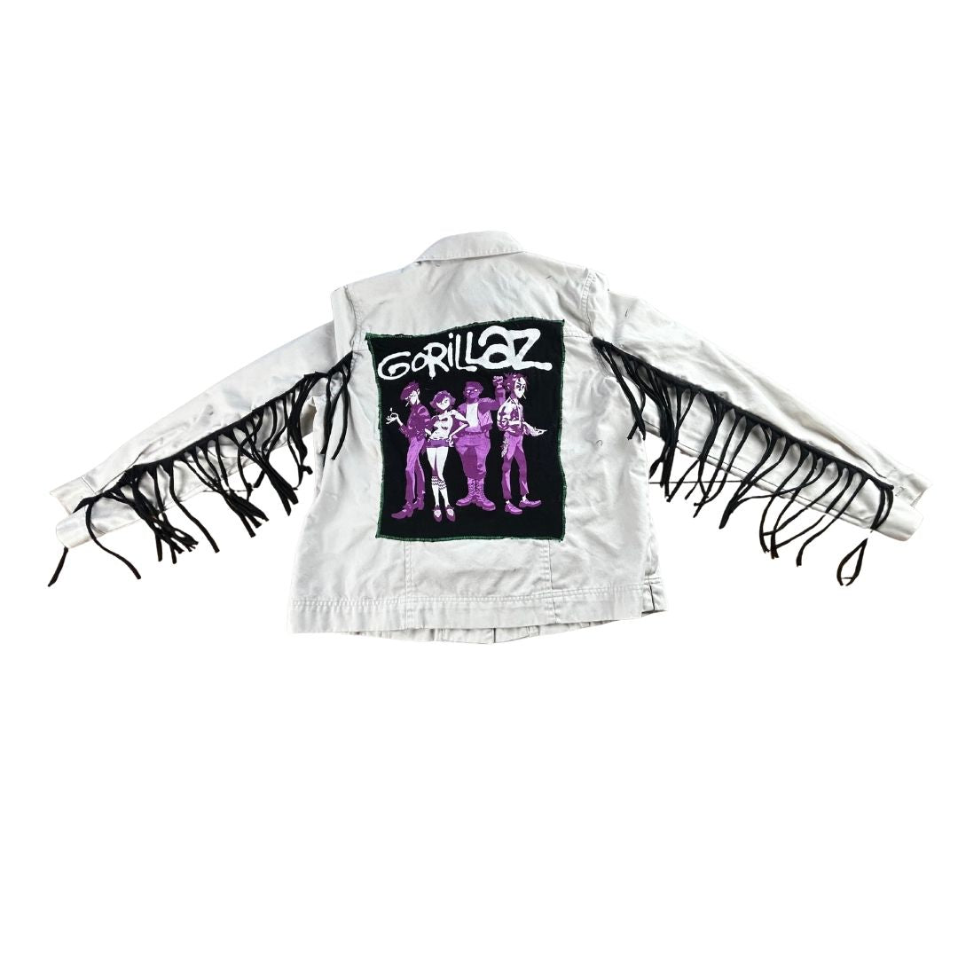Upcycled Gorillaz Fringe Jacket — One-of-a-Kind Rock &amp; Roll Chaos