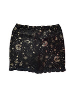 Celestial Chaos Two-Piece Set unique black celestial-print shorts with moons and stars for funky women's clothing.