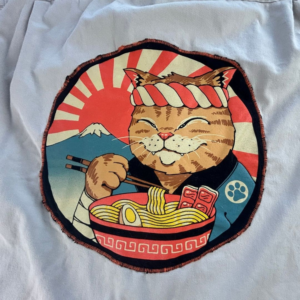 Upcycled Ramen Cat Fringe Flannel — One-of-a-Kind &amp; Full of Flavor