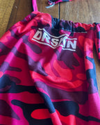 Upcycled Red Camo Halter Crop Top showcasing vibrant red and black camouflage print, perfect for unique women's clothing.