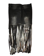 Midnight Outlaw Fringe Skirt featuring dramatic hand-cut fringe and upcycled distressed denim, ideal for statement clothing.