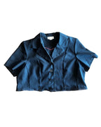 Midnight Mischief Upcycled Two-Piece Set cropped button-up top with pinstripes, unique women's clothing, funky style.